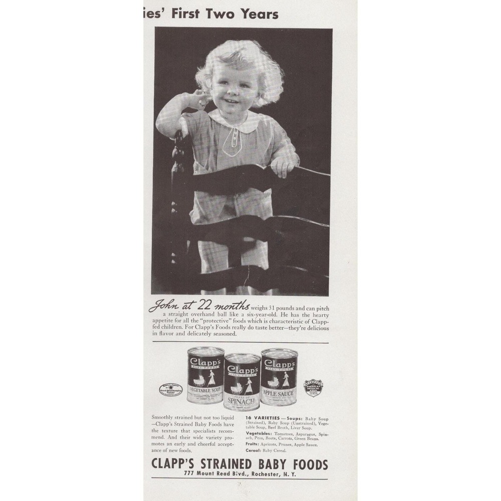 Vintage Baby Food Clapp's 2 Year Growth Rochester New York NY Print Ad 1937